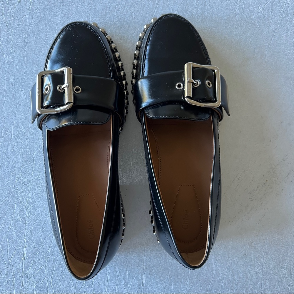 Chloe Black Leather Loafers with Silver Buckle and Studs